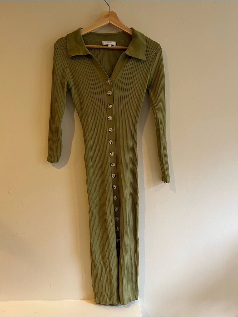 RIHOAS Olive Green Ribbed Button-Front Long Sleeve Dress